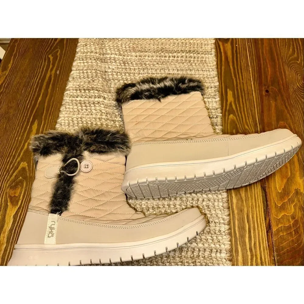 Ryka Water Repellent Faux Fur Quilted Winter Boots Shiver Beige Womens Size 9 NW